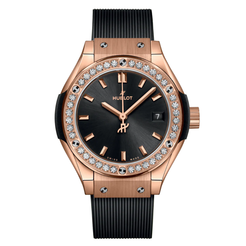 HUBLOT Classic Fusion King Gold Diamonds 29 mm Black Dial Polished 18K King Gold Rubber Strap 591.OX.1480.RX.1204