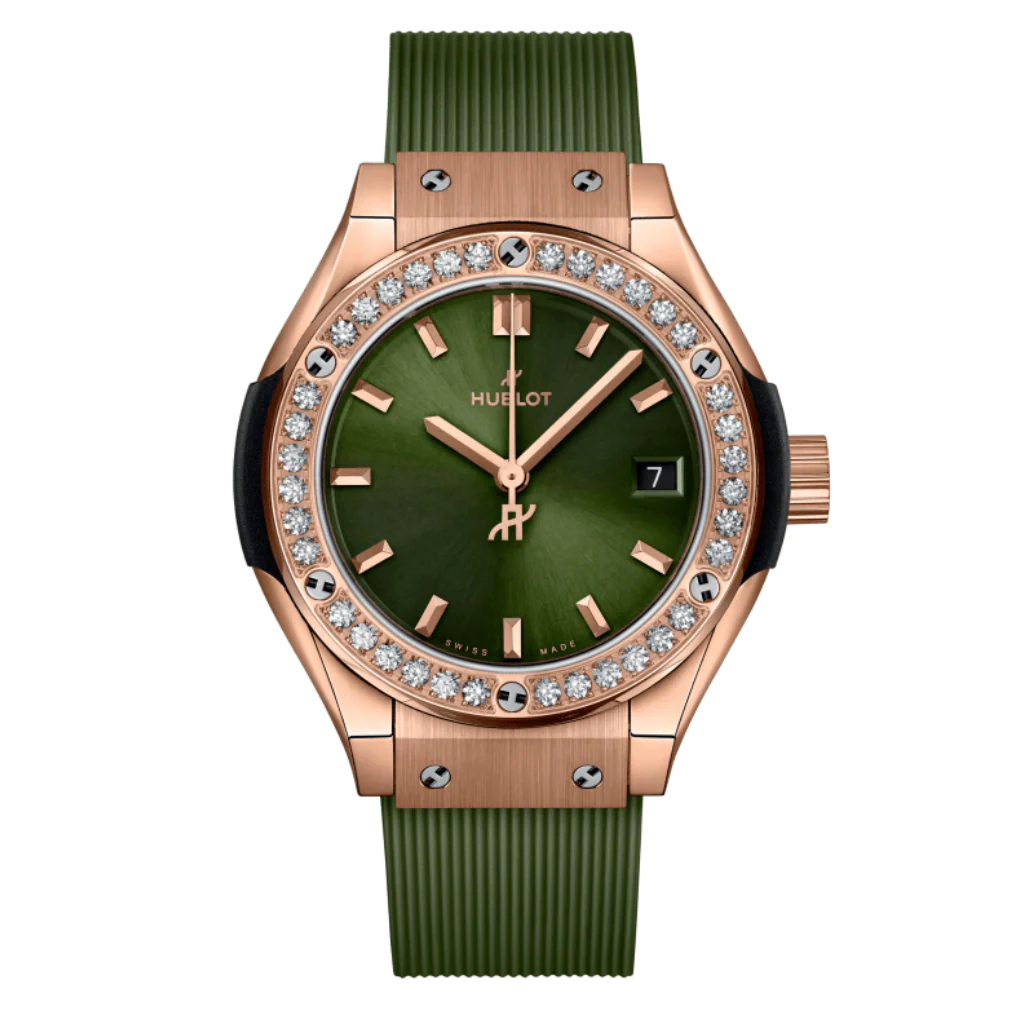 HUBLOT Classic Fusion King Gold Green Diamonds 29 mm Green Dial Polished 18K King Gold Rubber Strap 591.OX.8980.RX.1204