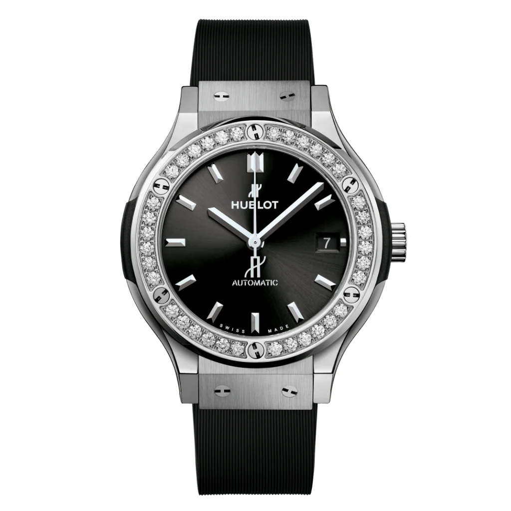 Hublot Classic Fusion Titanium Diamonds 38 mm Black Dial with Diamonds Polished Titanium Rubber Strap 565.NX.1470.RX.1204
