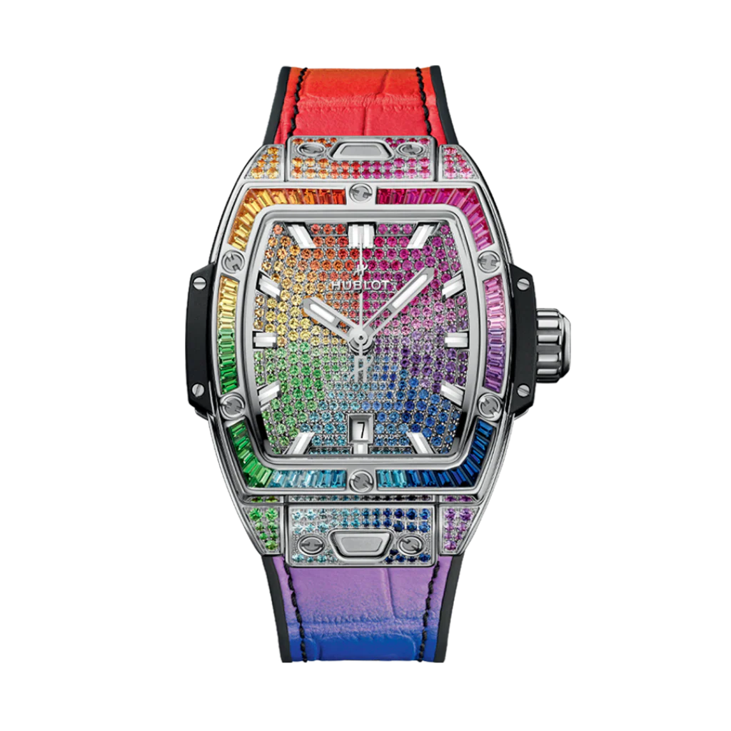 Hublot Spirit of Big Bang Steel Rainbow 32 mm Diamond Paved Dial Polished Stainless Steel Leather Strap 682.SX.9900.LR.0999