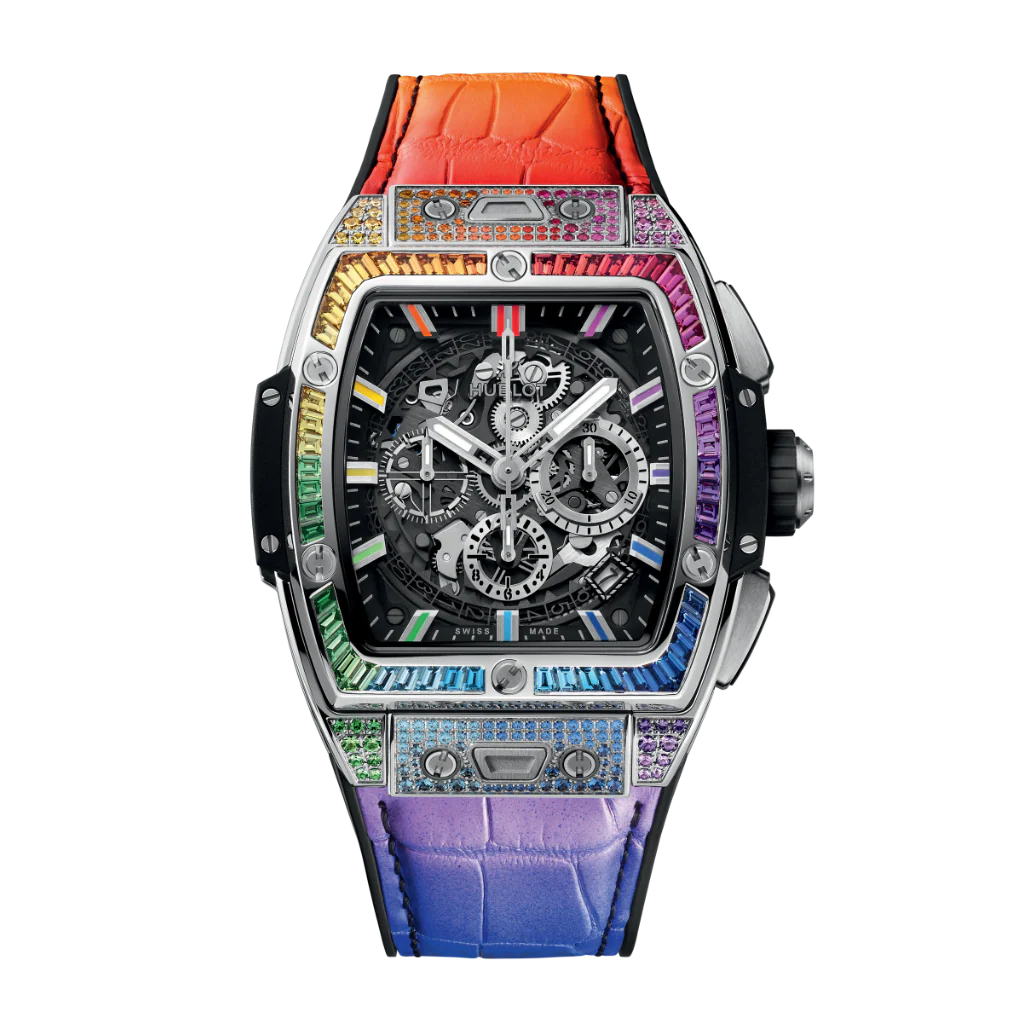 Hublot Spirit of Big Bang Titanium Rainbow 42 mm Transparent Dial with Diamonds Polished Titanium Leather Strap 642.NX.0117.LR.0999