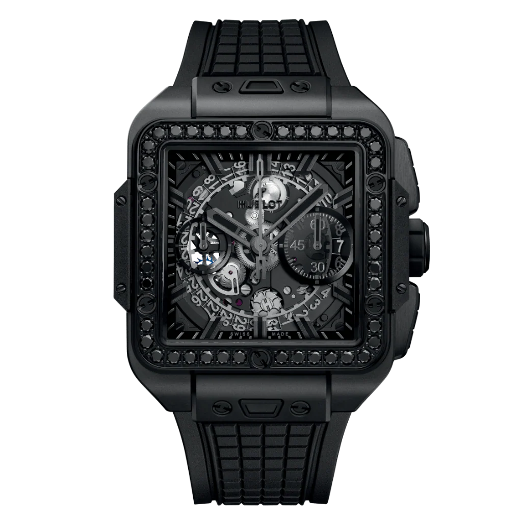 HUBLOT Square Bang Unico All Black Diamonds 42 mm Transparent Dial Microblasted and Polished Black Ceramic Rubber Strap 821.CX.0140.RX.1200