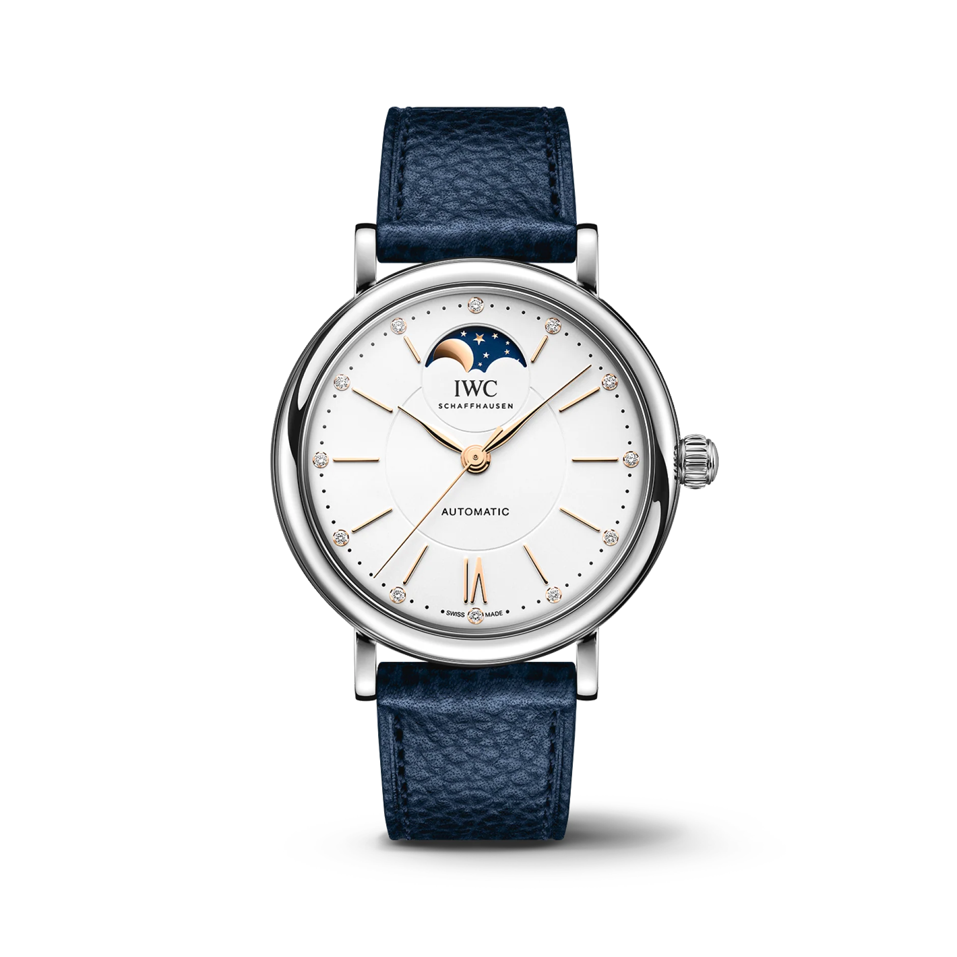 IWC Schaffhausen Portofino Automatic Moon Phase 37.1 mm Silver Dial Stainless Steel Blue Strap IW459601