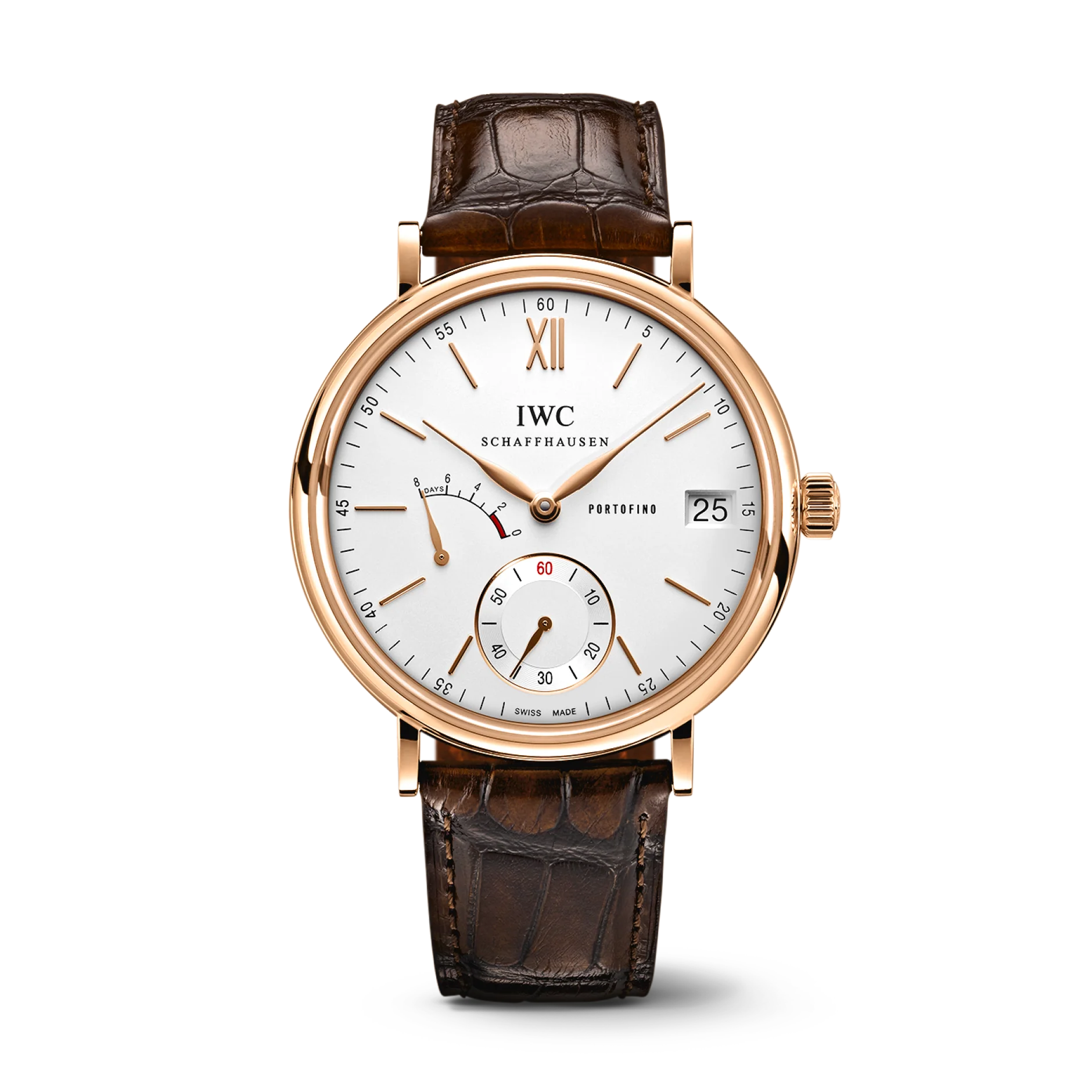 IWC Schaffhausen Portofino Hand-Wound Eight Days 45 mm Silver Dial 18 Kt 5N Gold Dark Brown Leather Strap IW510107