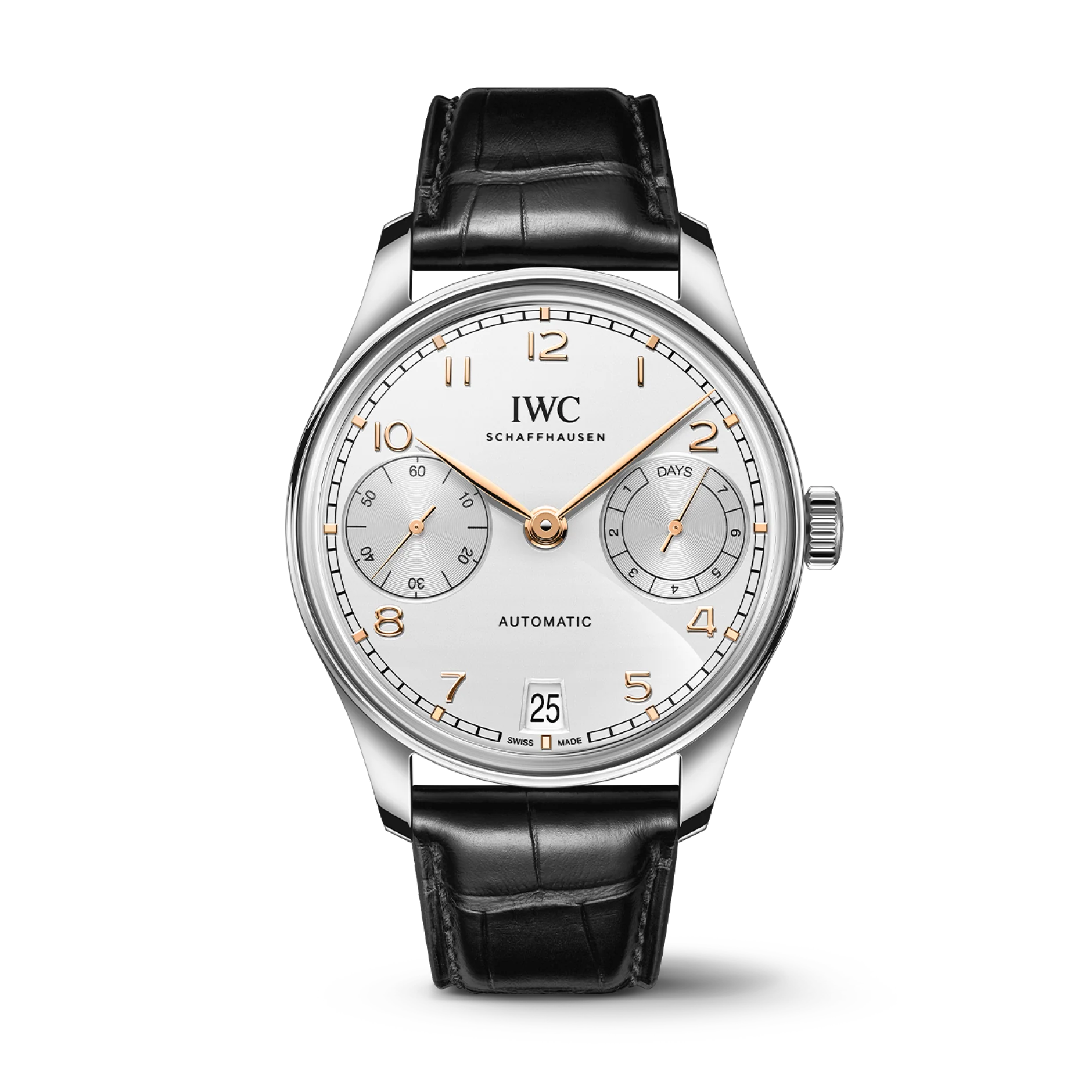 IWC Schaffhausen Portugieser Automatic 42 mm Silver Dial Stainless Steel Black Leather Strap IW501701