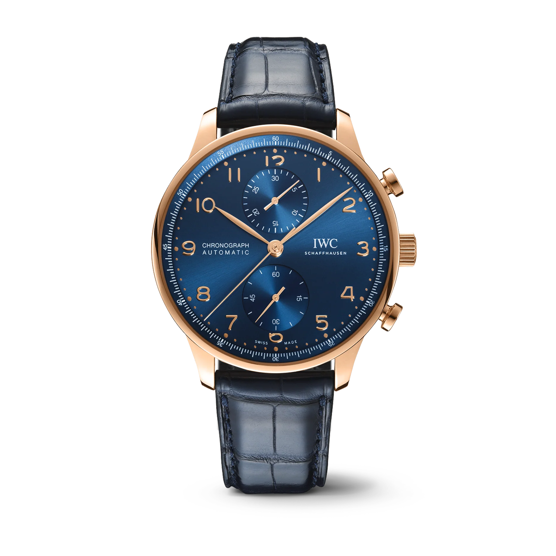 IWC Schaffhausen Portugieser Chronograph 41 mm Blue Dial 18k 5N Gold Blue Leather Strap IW371614