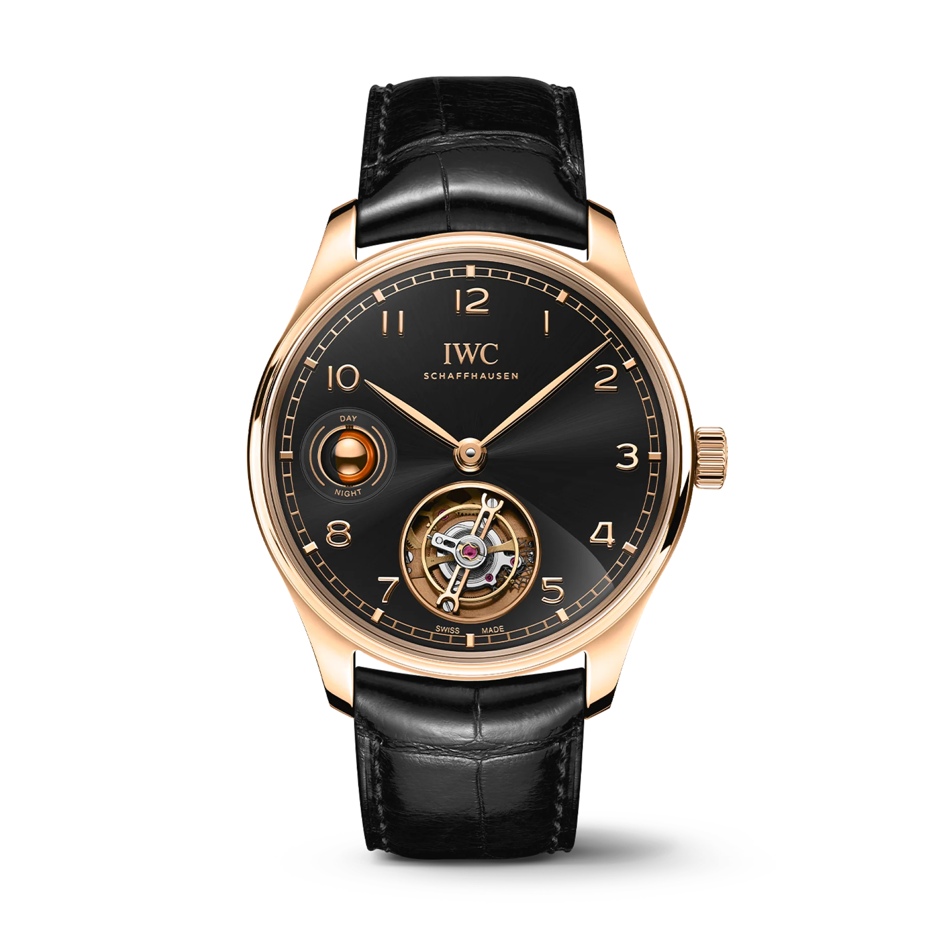 IWC Schaffhausen Portugieser Hand-Wound Tourbillon Day & Night 42 mm Black Dial 18k Armor Gold Black Leather Strap IW545901