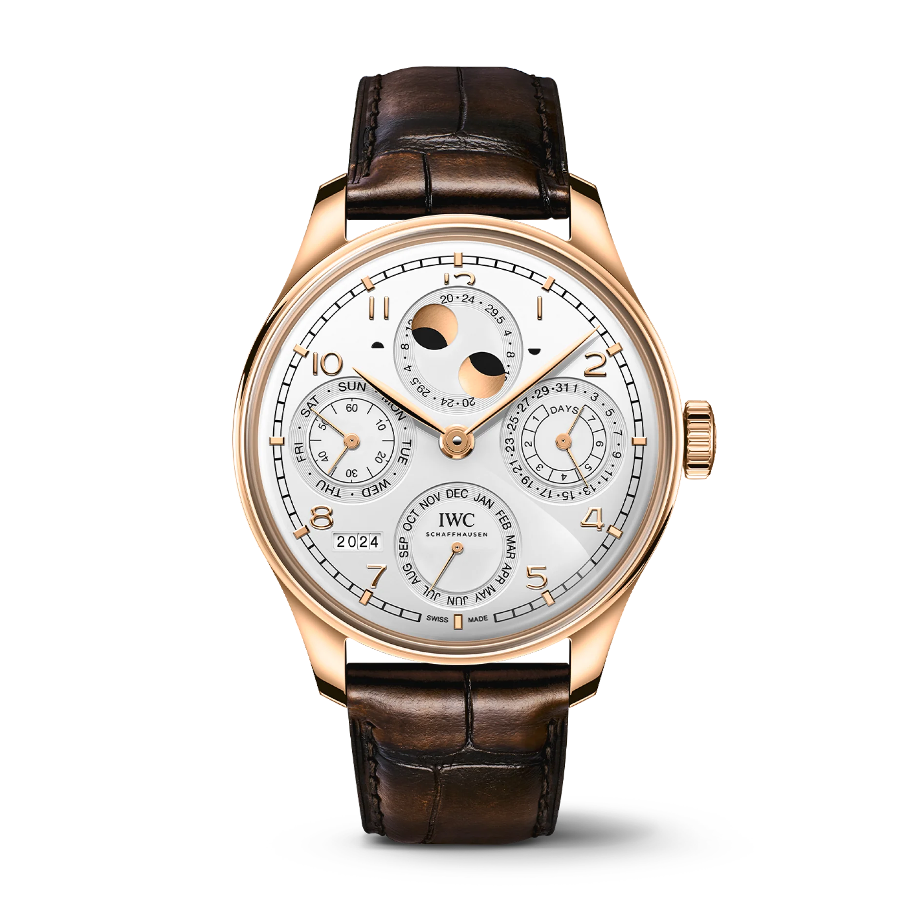IWC Schaffhausen Portugieser Perpetual Calendar 44.4 mm Silver Dial 18 Kt Armor Gold® Dark Brown Leather Strap IW503701