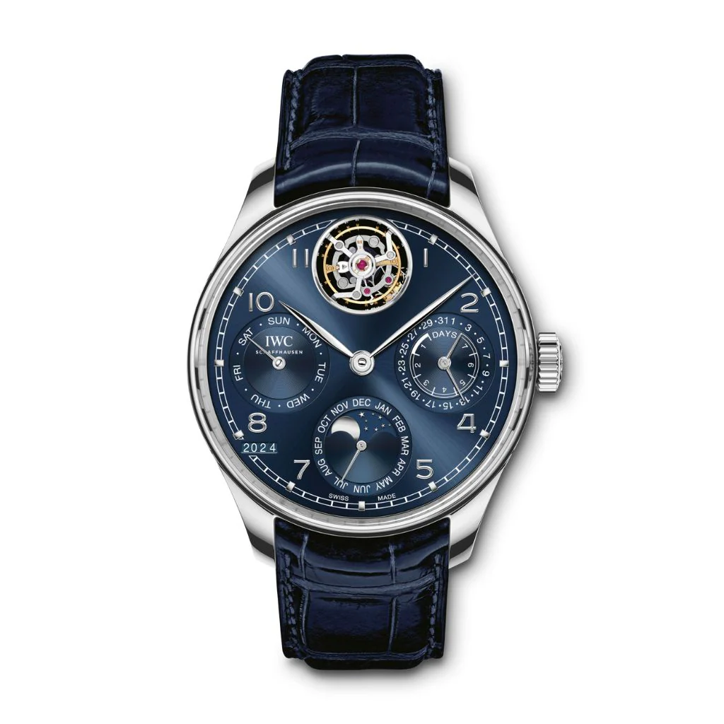 IWC Schaffhausen Portugieser Perpetual Calendar Tourbillon 45 mm Blue Dial Platinum Blue Leather Strap IW504506