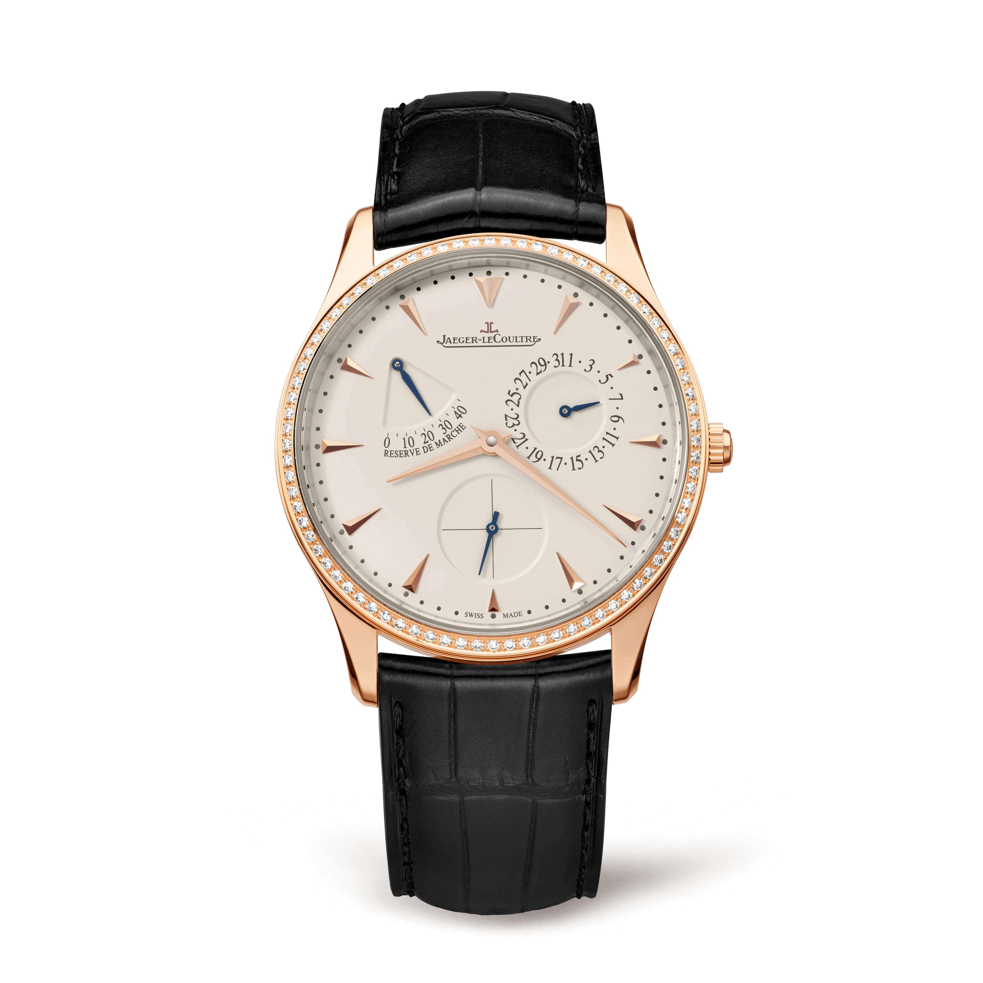 Jaeger-LeCoultre Master Ultra Thin Power Reserve 39 mm Beige Dial with Diamonds Rose Gold Leather Strap Q1372501