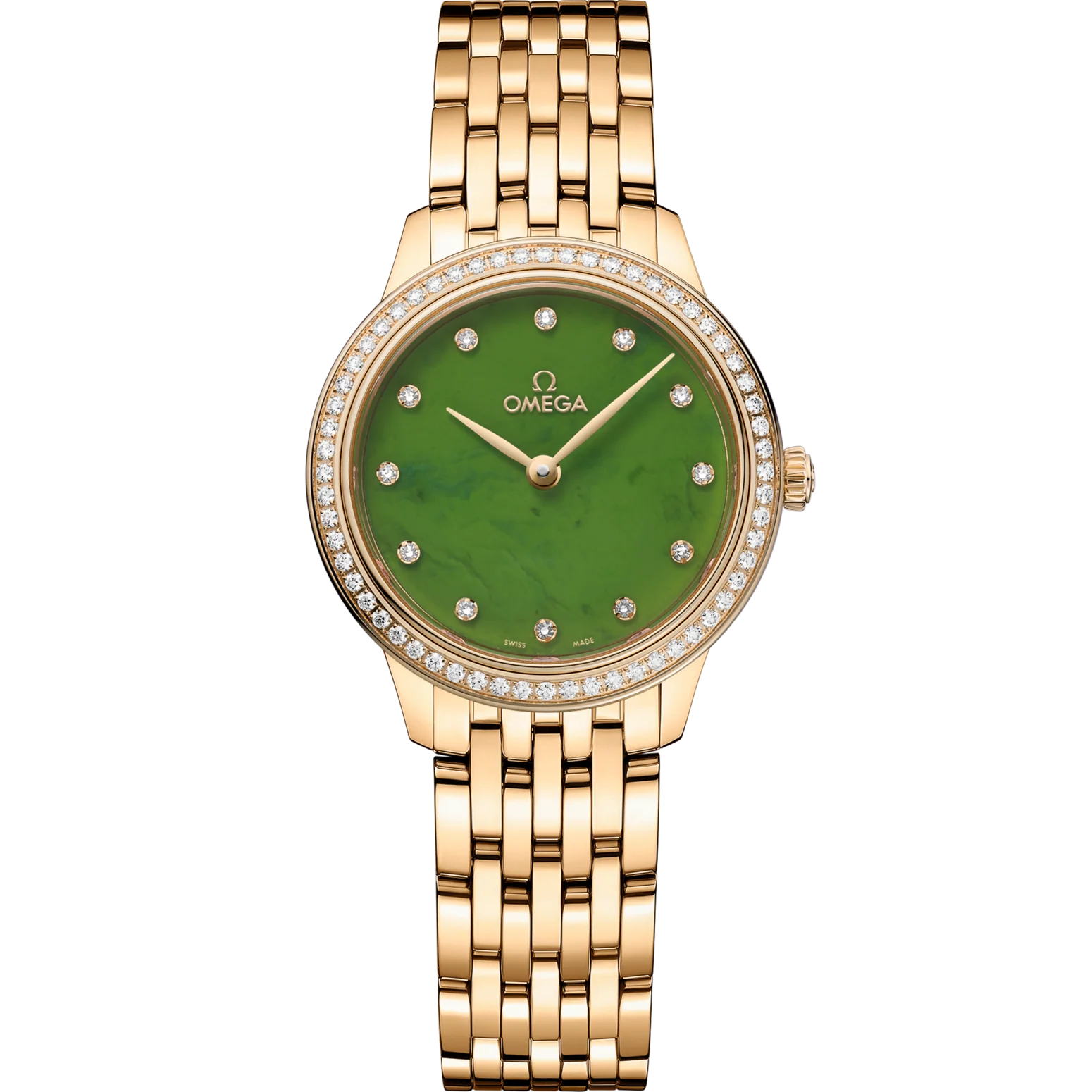 Omega De Ville Prestige 27.5 mm Green jade Dial with Diamonds 18k Yellow Gold Strap 434.55.28.60.99.001