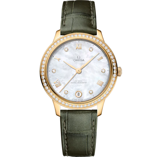 Omega De Ville Prestige 34 mm White Dial with Diamonds 18k Yellow Gold Strap 434.58.34.20.55.002