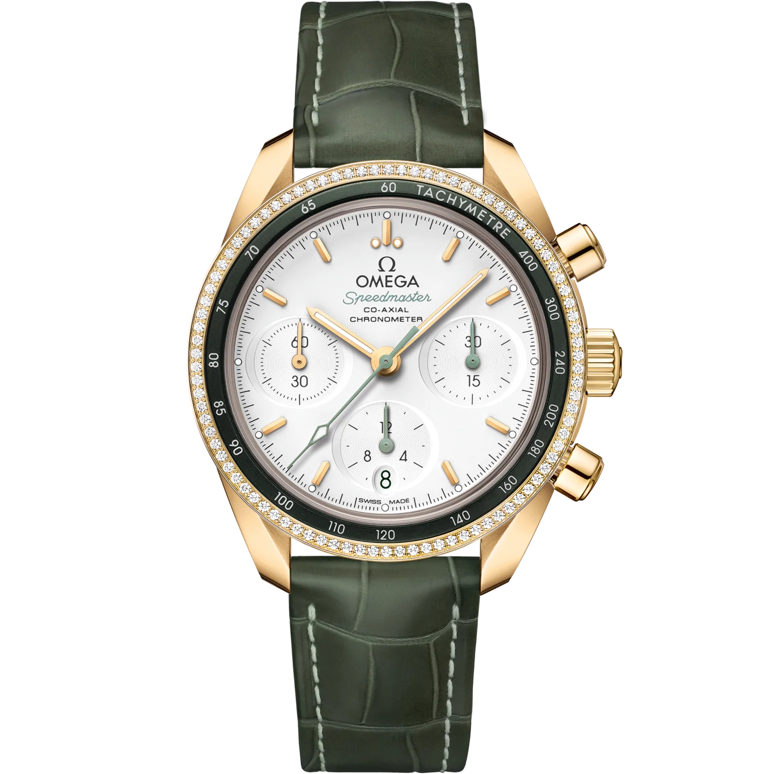 Omega Speedmaster 38 Silver Dial 38 mm with Diamonds 18k Yellow Gold Strap 324.68.38.50.02.004
