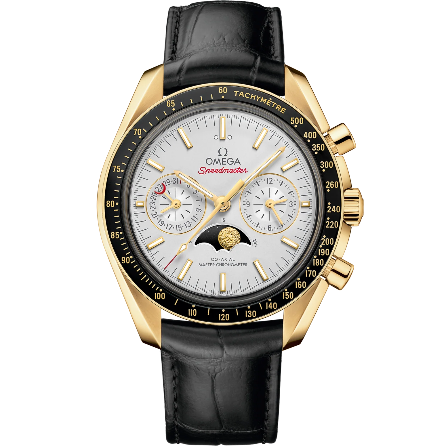 Omega Speedmaster  Moonphase  Silver Dial 44.25 mm  18k Yellow Gold Strap 304.63.44.52.02.001