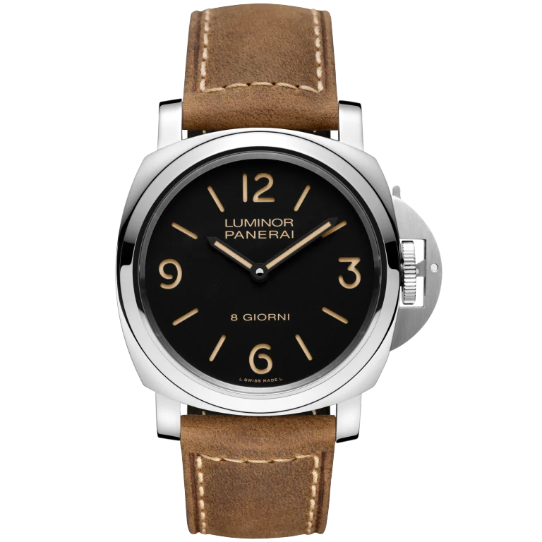 Panerai Luminor 8 Giorni 44 mm Black Dial Polished Steel Scamosciato Dark Brown Strap PAM00914