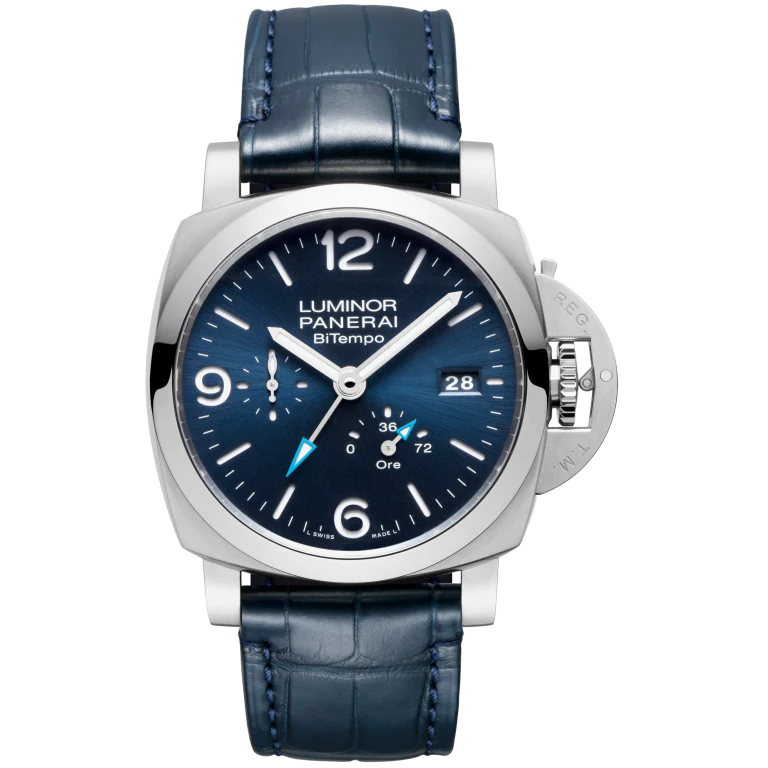 Panerai Luminor BiTempo Power Reserve 44 mm Blue Dial Brushed Steel Dark Blue Leather Strap PAM01361