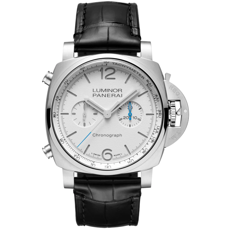 Panerai Luminor Chrono 44 mm White Dial Brushed Steel Black Leather Strap PAM01218