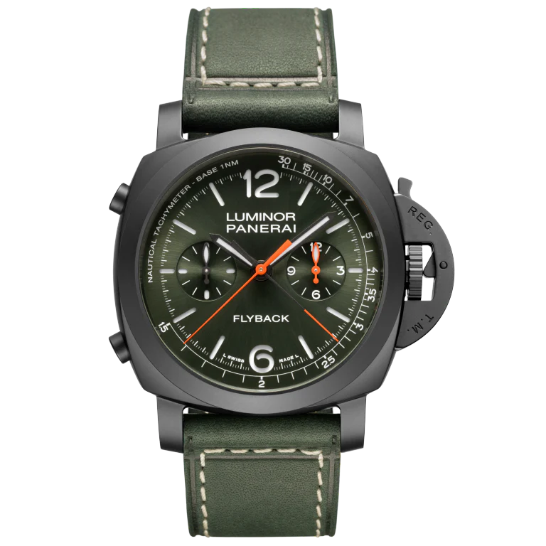 Panerai Luminor Chrono Flyback 44 mm Green Dial Black Ceramic Green Leather Strap PAM01498