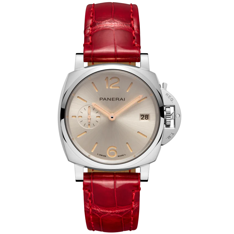 Panerai Luminor Due 38 mm Ivory Dial Polished Steel Shiny Red Strap PAM01248