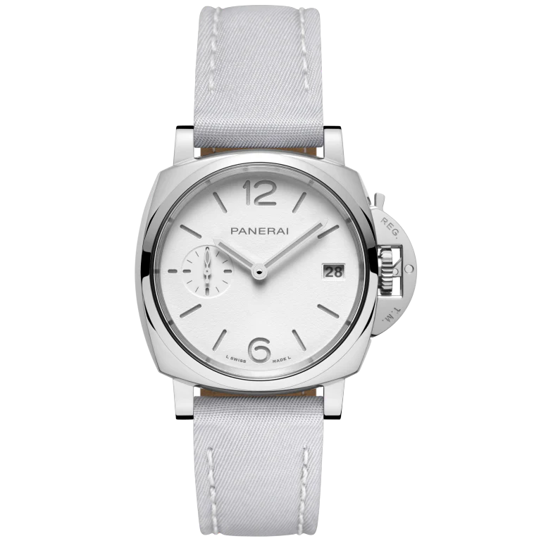 Panerai Luminor Due 38 mm White Dial Polished Steel Prada Re-Nylon Fiordaliso Strap PAM01426