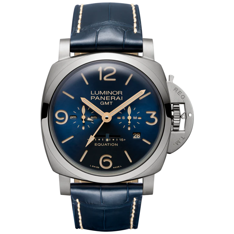 Panerai Luminor Equation of Time GMT Titanio 47 mm Blue Dial Brushed Titanium Dark Blue Leather Strap PAM00670