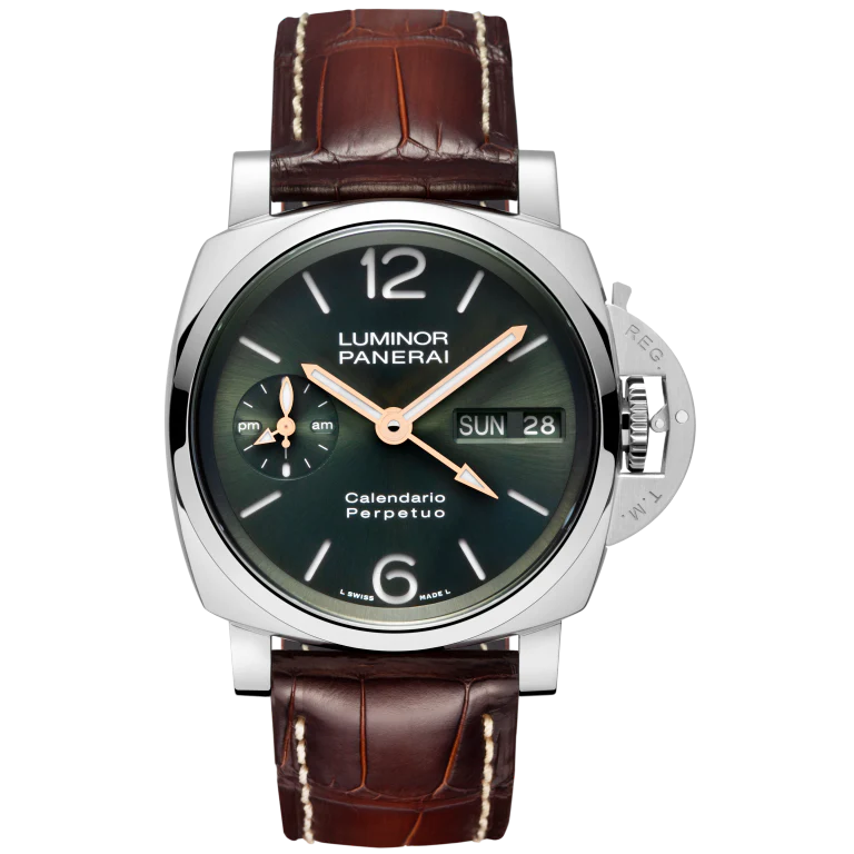 Panerai Luminor Perpetual Calendar GMT Platinumtech™ 44 mm Green Dial Platinumtech Dark Brown Leather Strap PAM00715