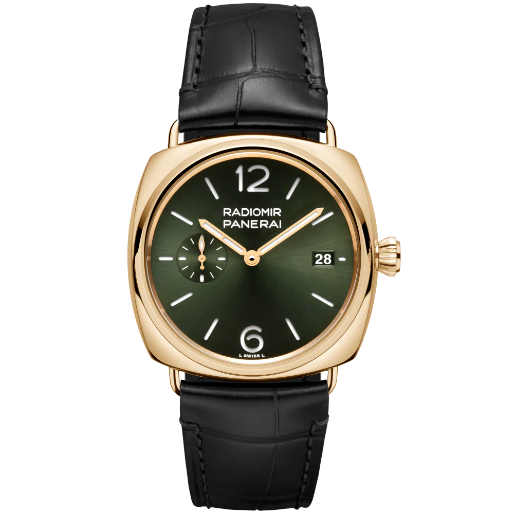 Panerai Radiomir Quaranta Yellow Gold 40 mm Green Dial Polished 18k Yellow Gold Leather Strap PAM01437