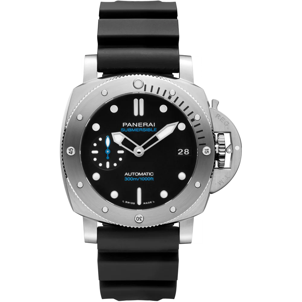 Panerai Submersible 42 mm Black Dial Brushed Stainless Steel Rubber Strap PAM02973