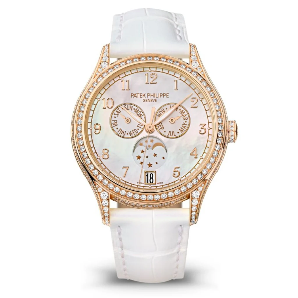 Patek Philippe Complications Moon Phase White MOP Dial Rose Gold & Diamond Case White Strap 38mm 4948R-001