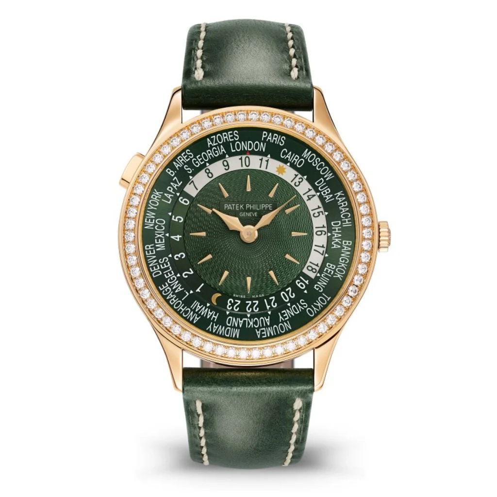 Patek Philippe Complications World Time Olive Green Dial Rose Gold Diamond Case Green Strap 36 mm 7130R-014