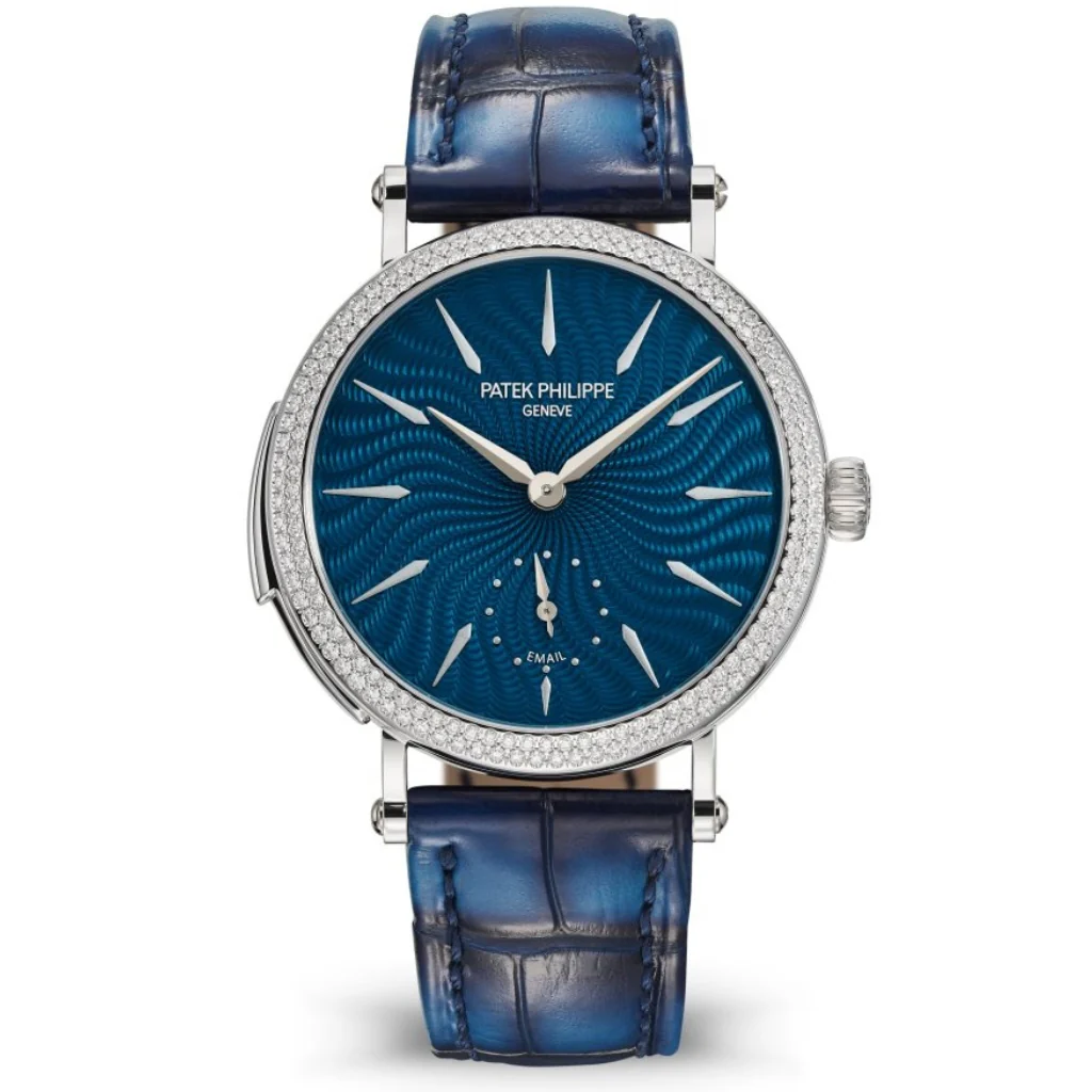Patek Philippe Grand Complications Blue Swirling Enamel Dial White Gold Flamme Diamond Case Leather Strap 36 mm 7040-250G-001