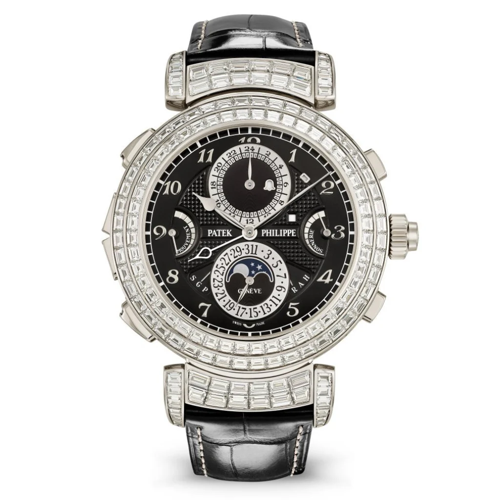 Patek Philippe Grand Complications Grandmaster Chime Black Time & Calendar Diamond Dial White Gold Reversible Case Leather Strap 49.4mm 6300-400G-001