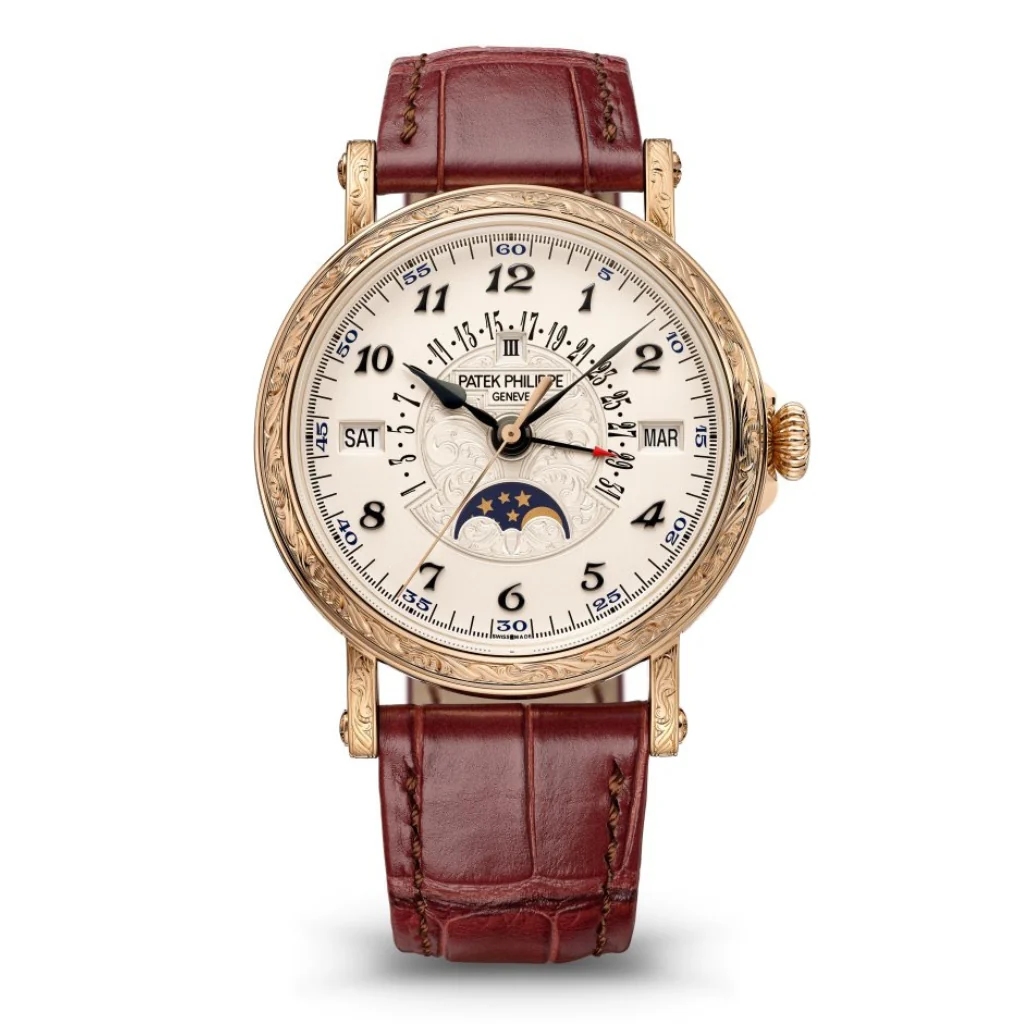 Patek Philippe Grand Complications Retrograde Silver & Gold Dial Rose Gold Engraved Case Leather Strap 38 mm 5160/500R-001