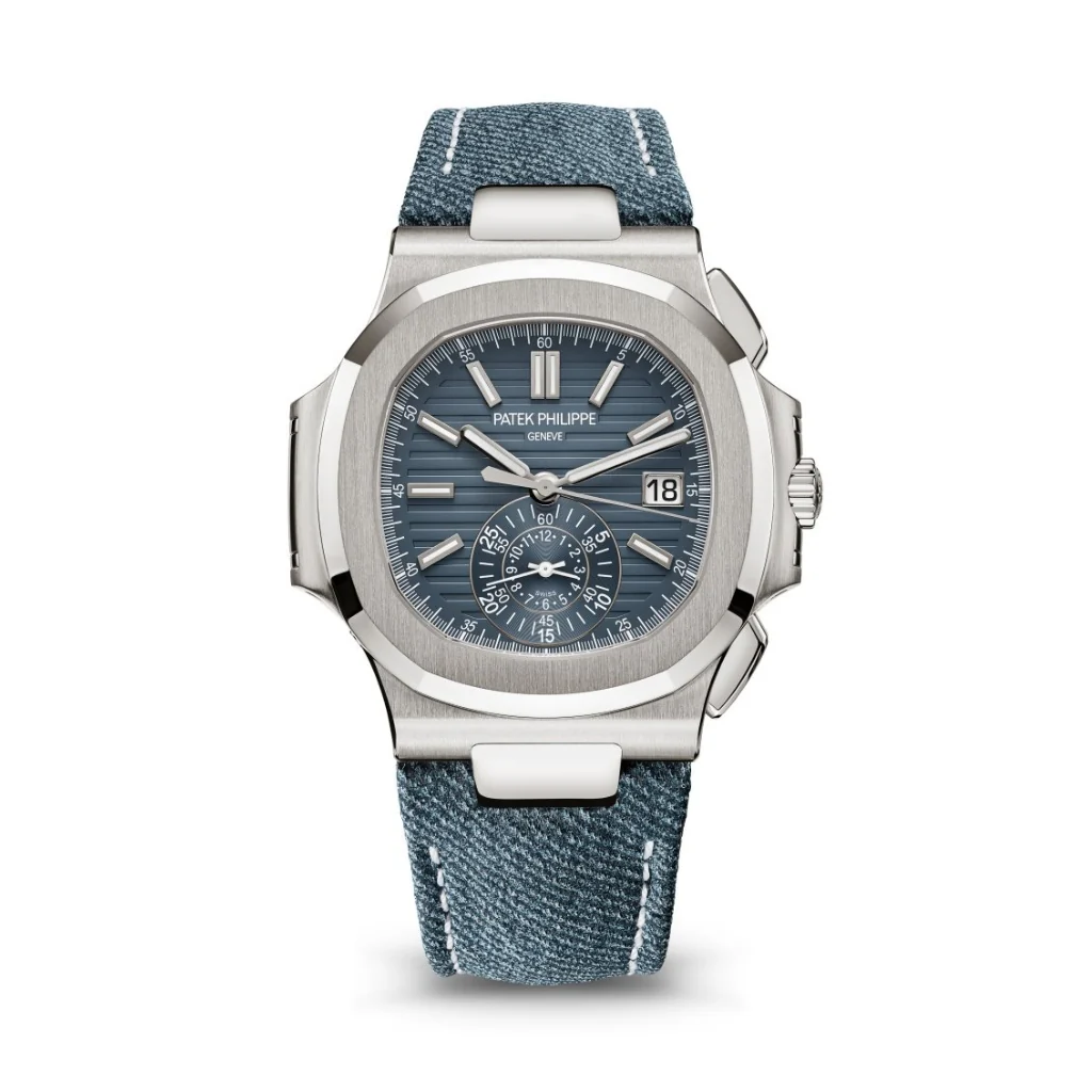 Patek Philippe Nautilus 40.5 mm Blue Dial 18K White Gold Leather Strap 5980/60G-001