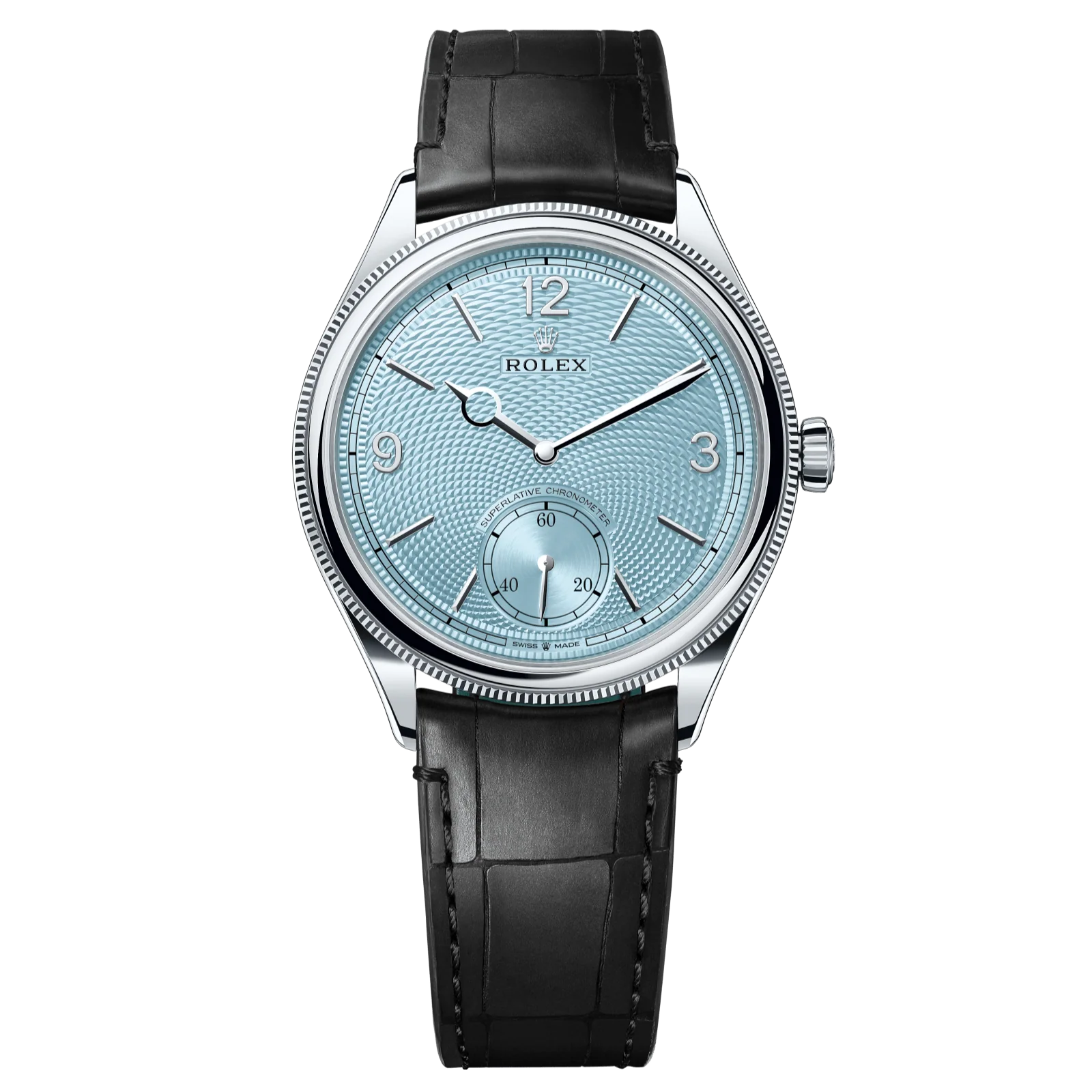 Rolex 1908 39 mm Ice Blue Dial Platinum Matt Black Leather m52506-0003