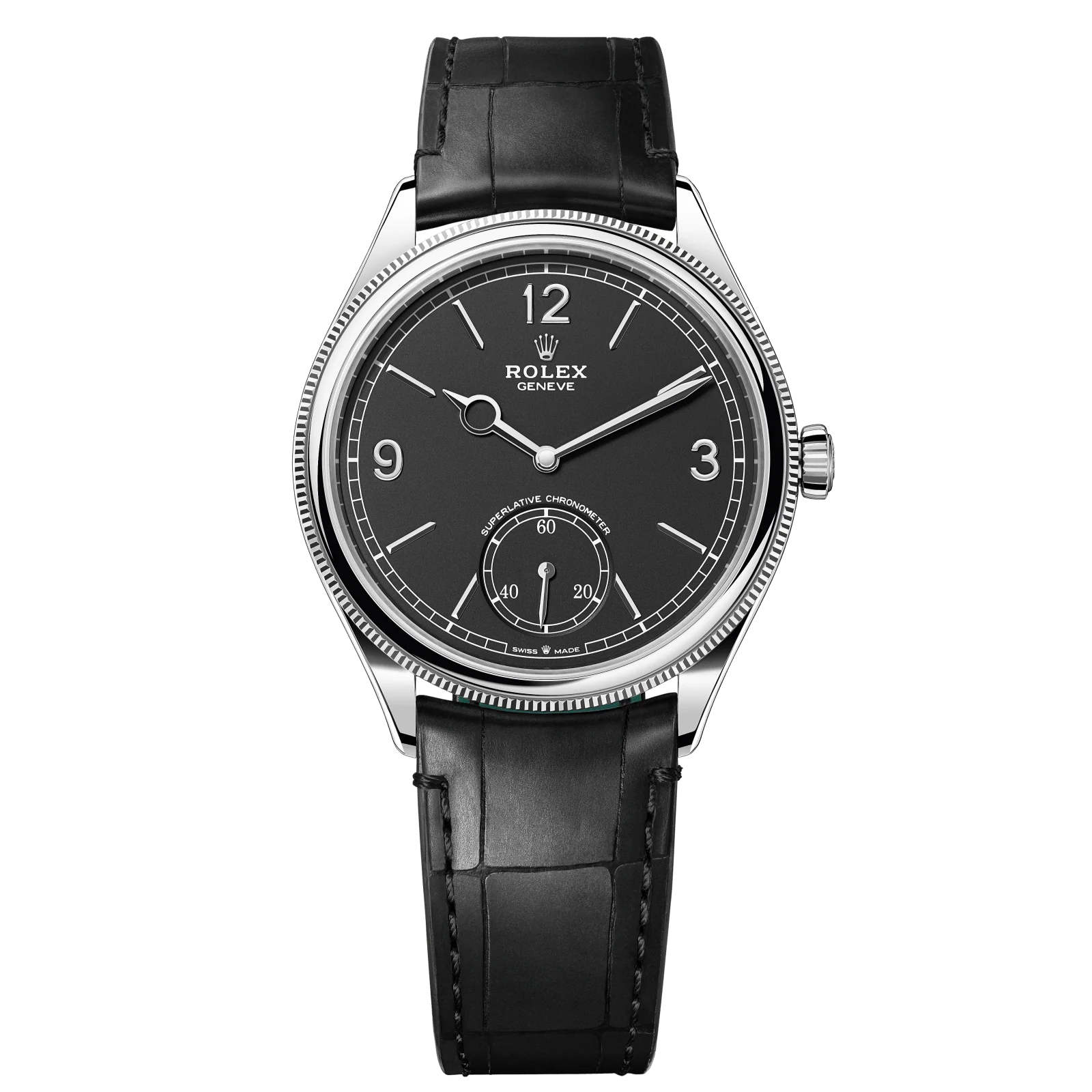 Rolex 1908 39 mm Intense Black Dial 18 Kt White Gold Matt Black Leather m52509-0002