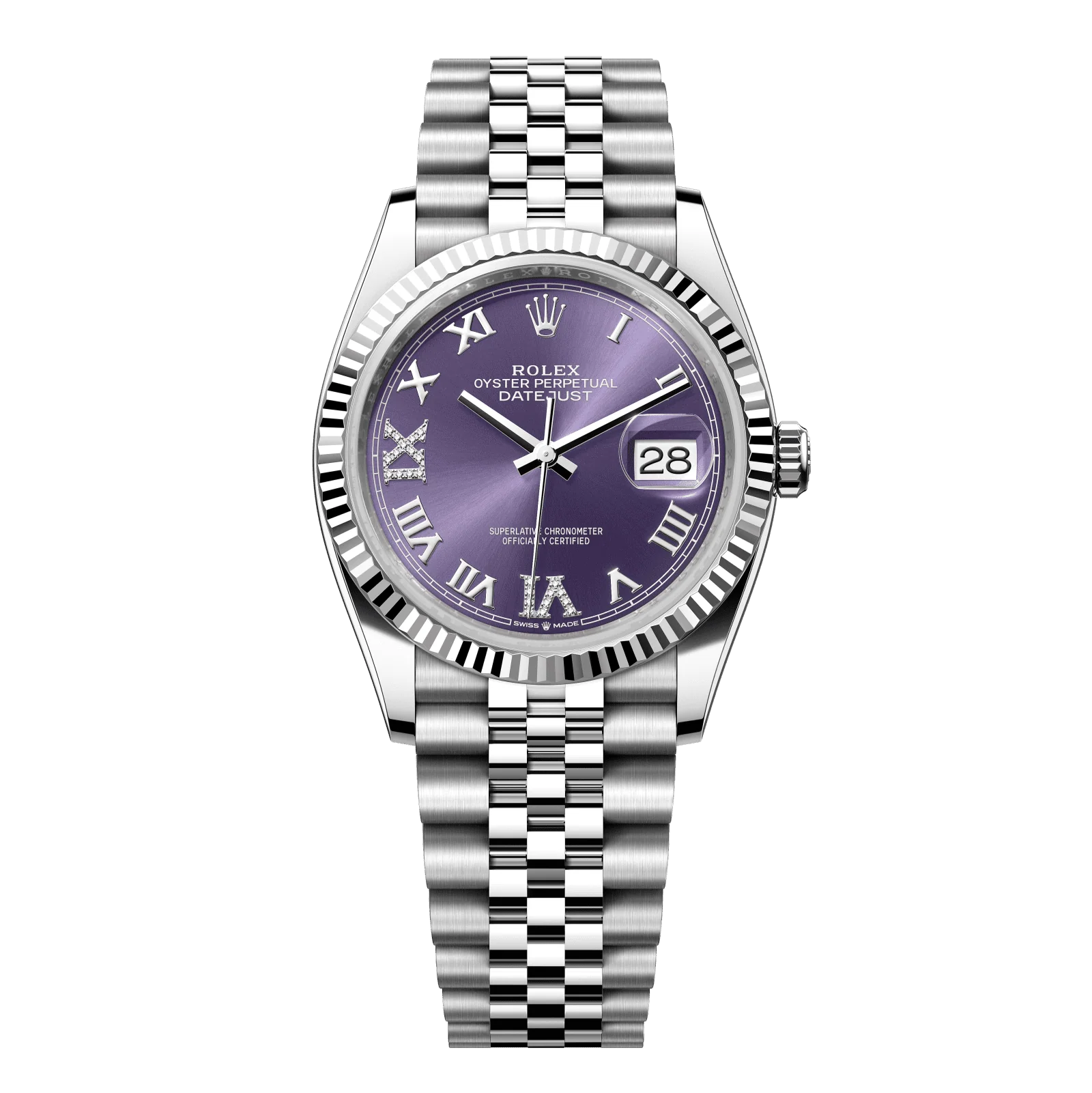 Rolex Datejust 36 mm Aubergine Set With Diamonds Dial Oystersteel and White Gold Jubilee Bracelet 126234-0021