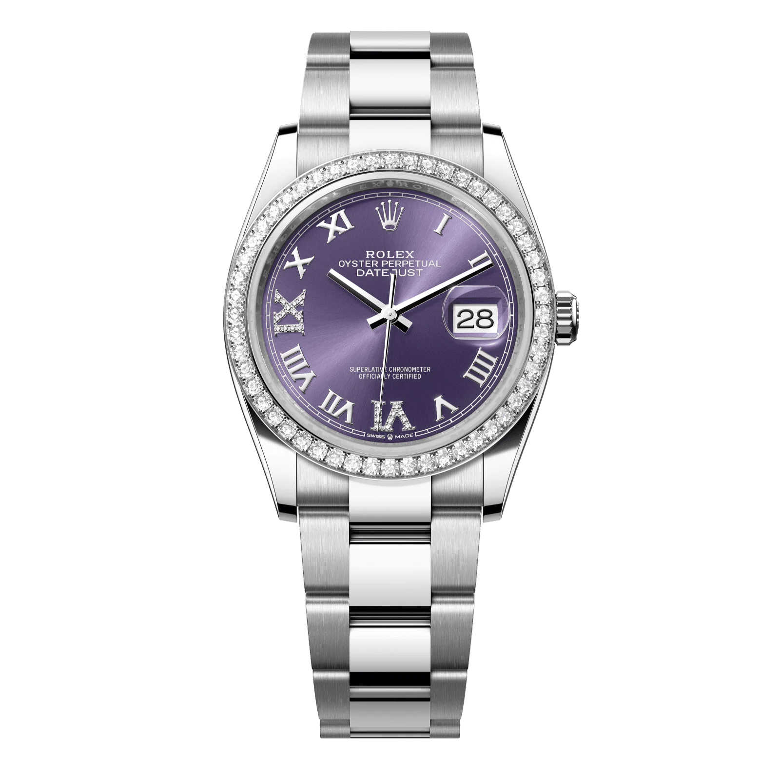 Rolex Datejust 36 mm Aubergine Set With Diamonds Dial Oystersteel and White Gold Oyster Bracelet 126284rbr-0014