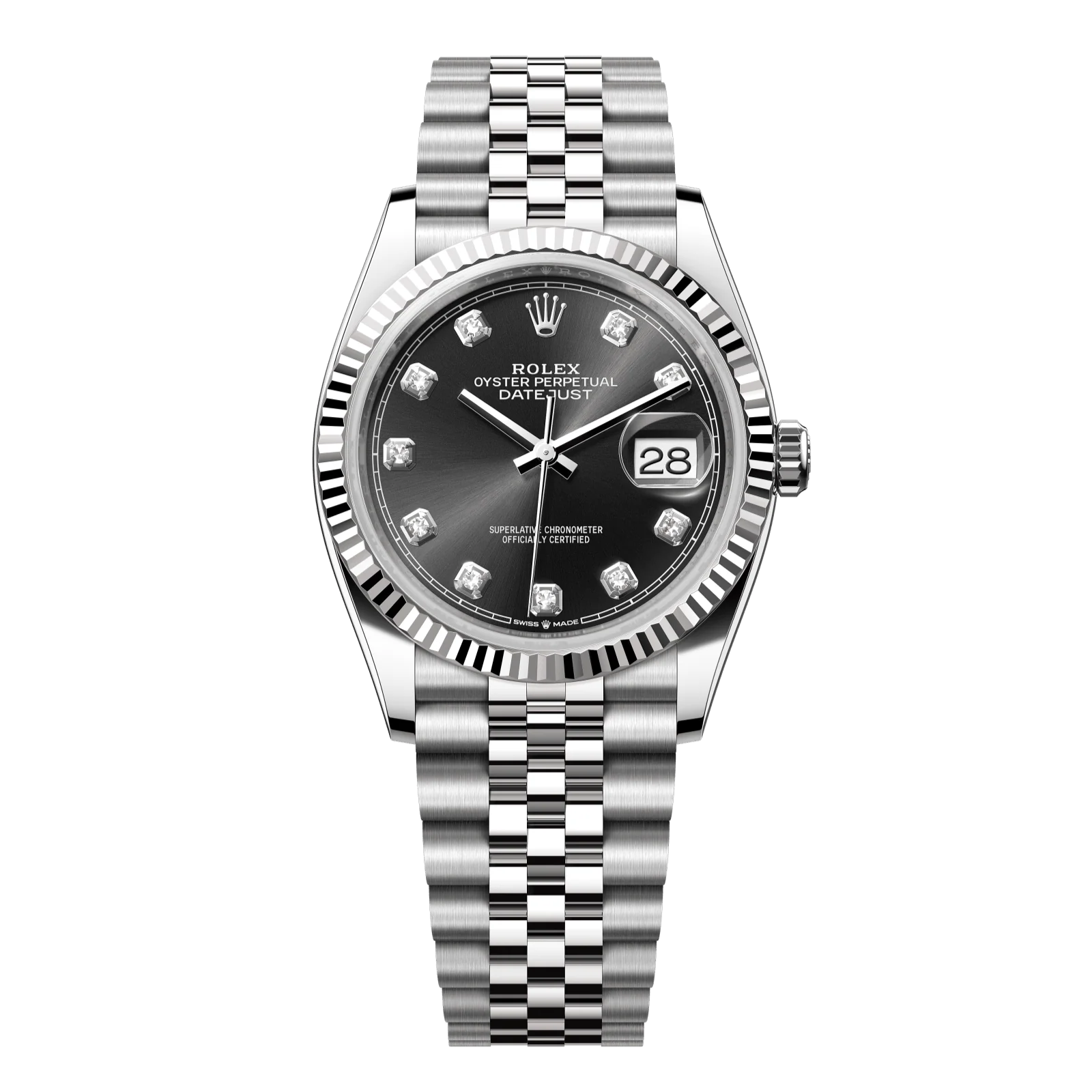 Rolex Datejust 36 mm Bright Black Dial with Diamonds Oystersteel and White Gold Jubilee Bracelet 126234-0027