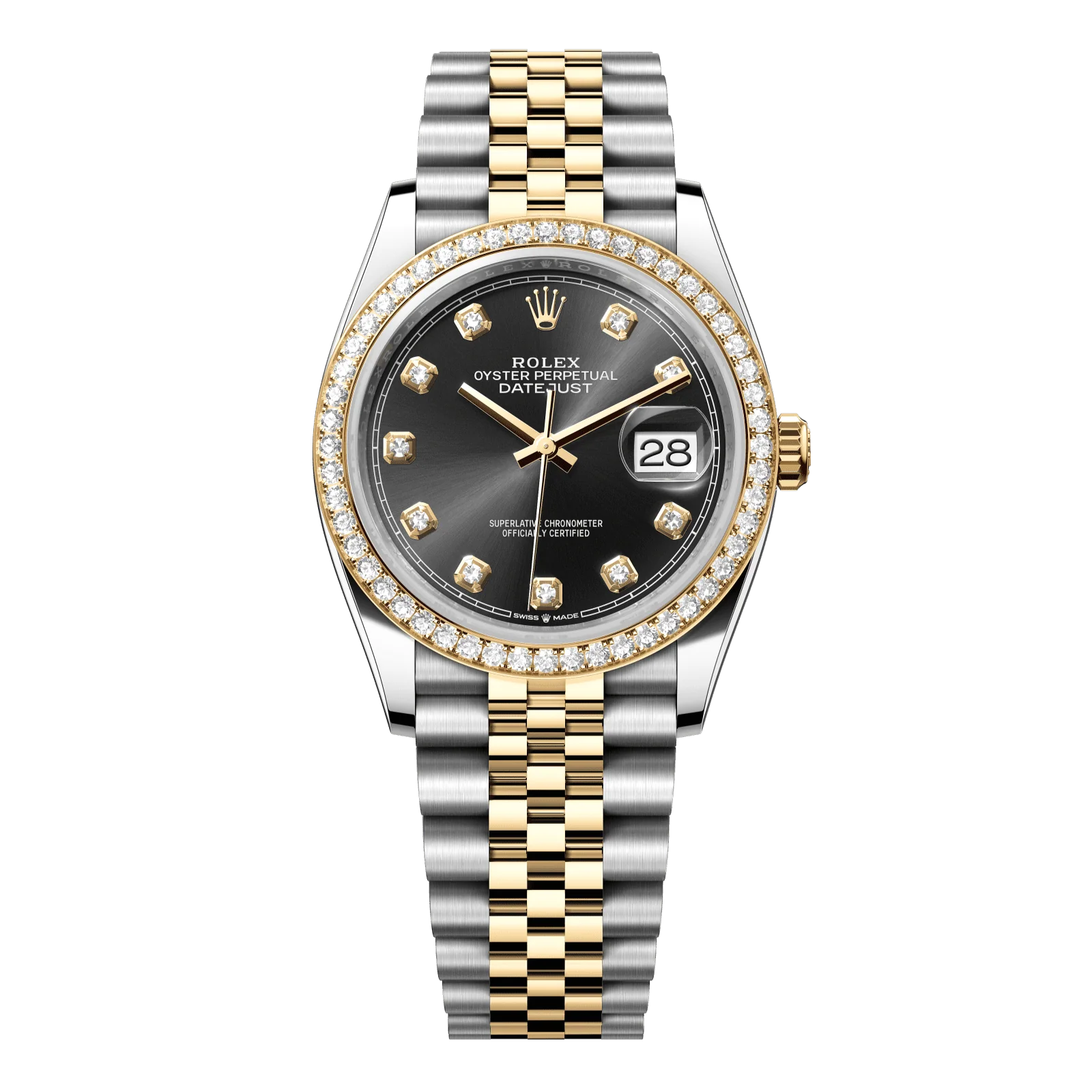 Rolex Datejust 36 mm Bright Black Set With Diamonds Dial Oystersteel and 18k Yellow Gold Jubilee Bracelet 126283rbr-0007