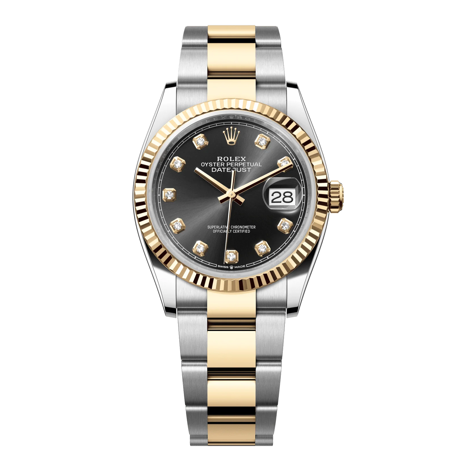 Rolex Datejust 36 mm Bright Black Set With Diamonds Dial Oystersteel and 18k Yellow Gold Oyster Bracelet 126233-0022