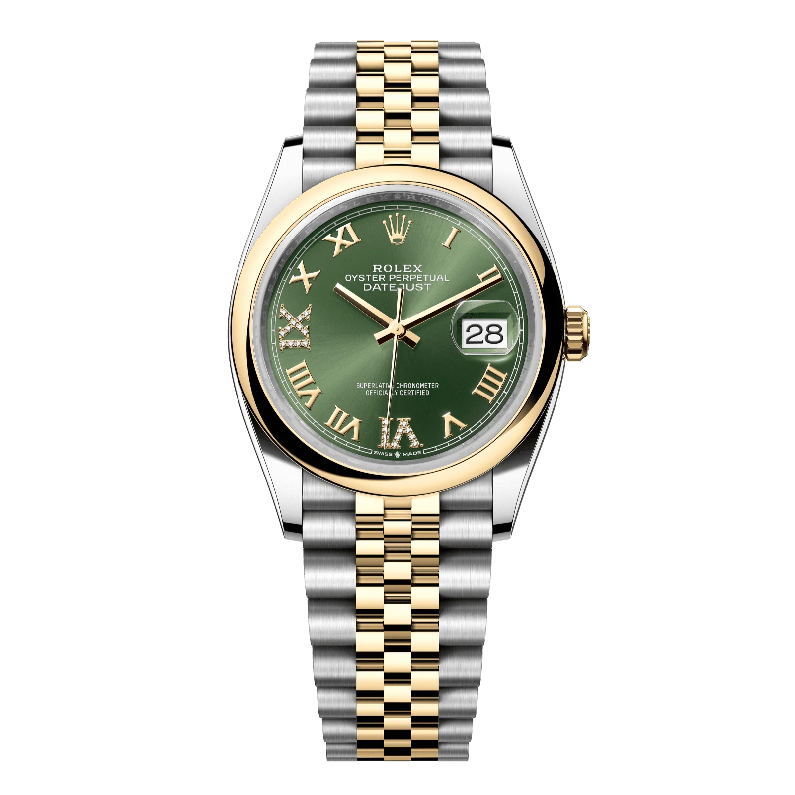 Rolex Datejust 36 mm Olive Green Set With Diamonds Dial Oystersteel and 18k Yellow Gold Jubilee Bracelet 126203-0025