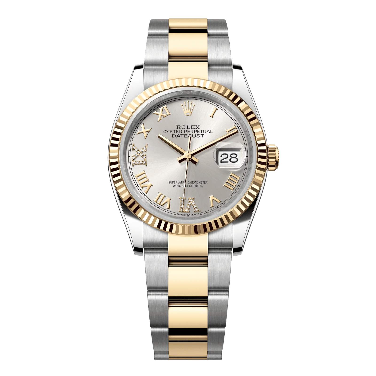 Rolex Datejust 36 mm Silver Set With Diamonds Dial Oystersteel and 18k Yellow Gold Oyster Bracelet 126233-0032