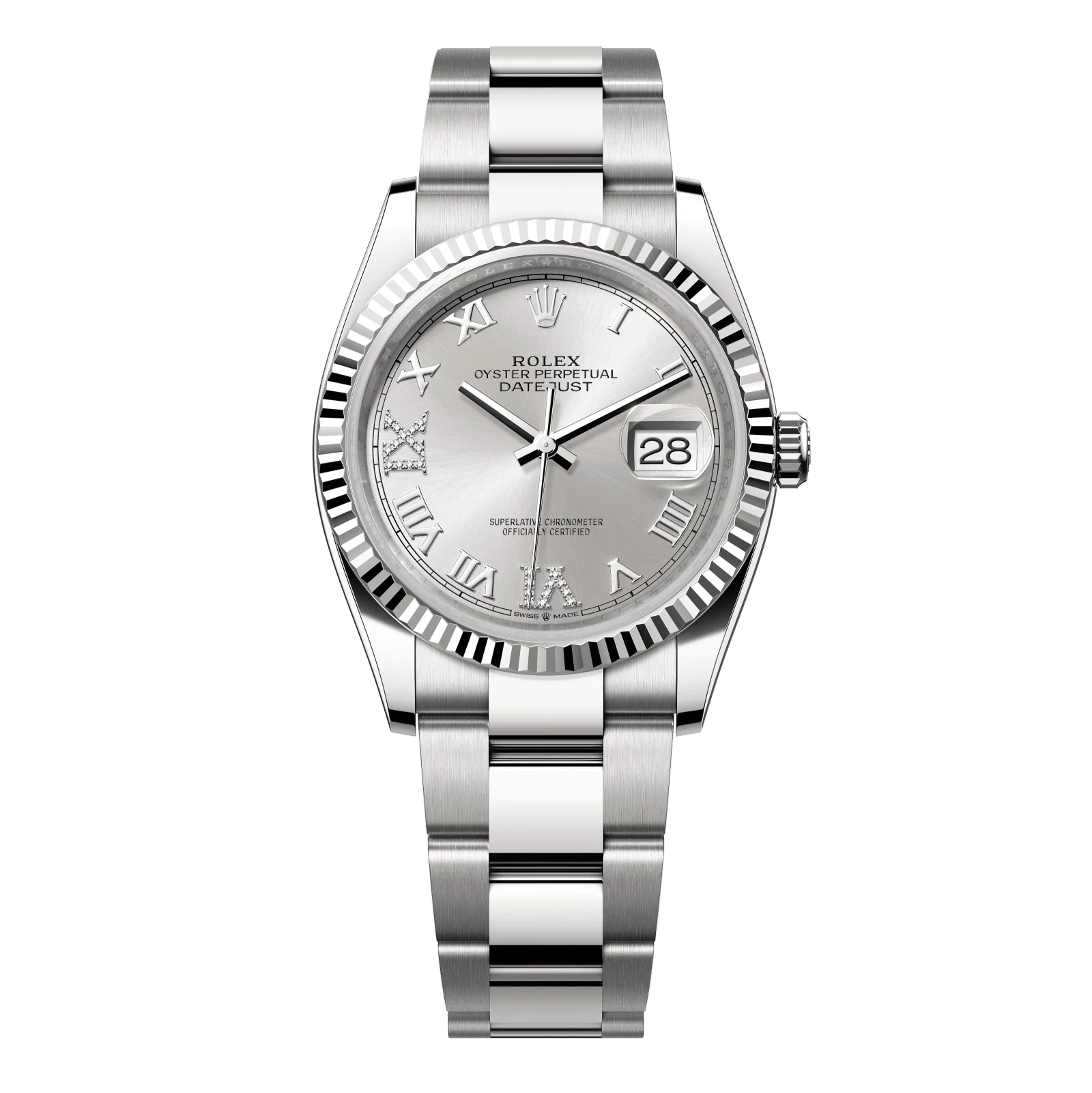Rolex Datejust 36 mm Silver Set With Diamonds Dial Oystersteel and White Gold Oyster Bracelet 126234-0030