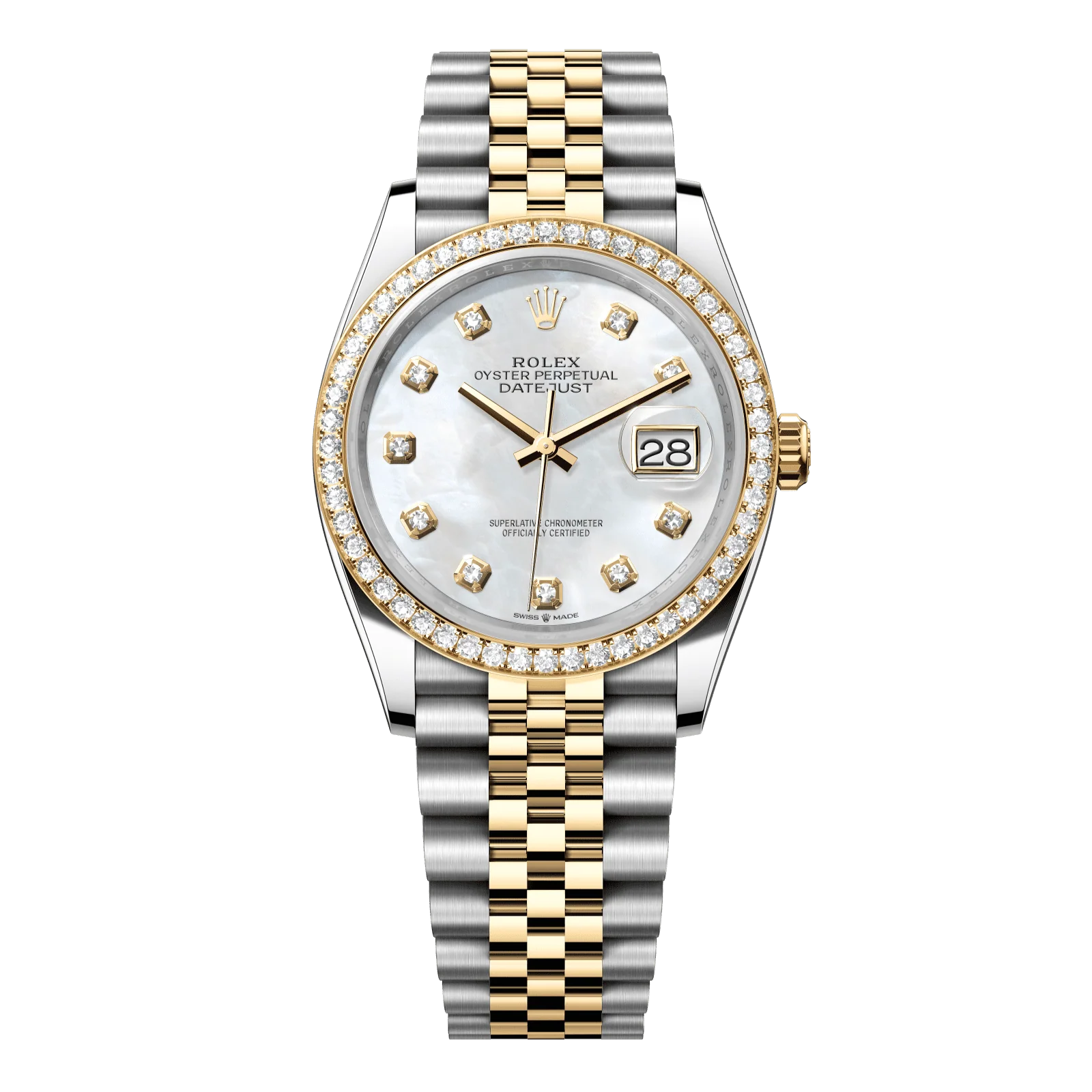 Rolex Datejust 36 mm White Mother-Of-Pearl Set With Diamonds Dial Oystersteel and 18k Yellow Gold Jubilee Bracelet 126283rbr-0009
