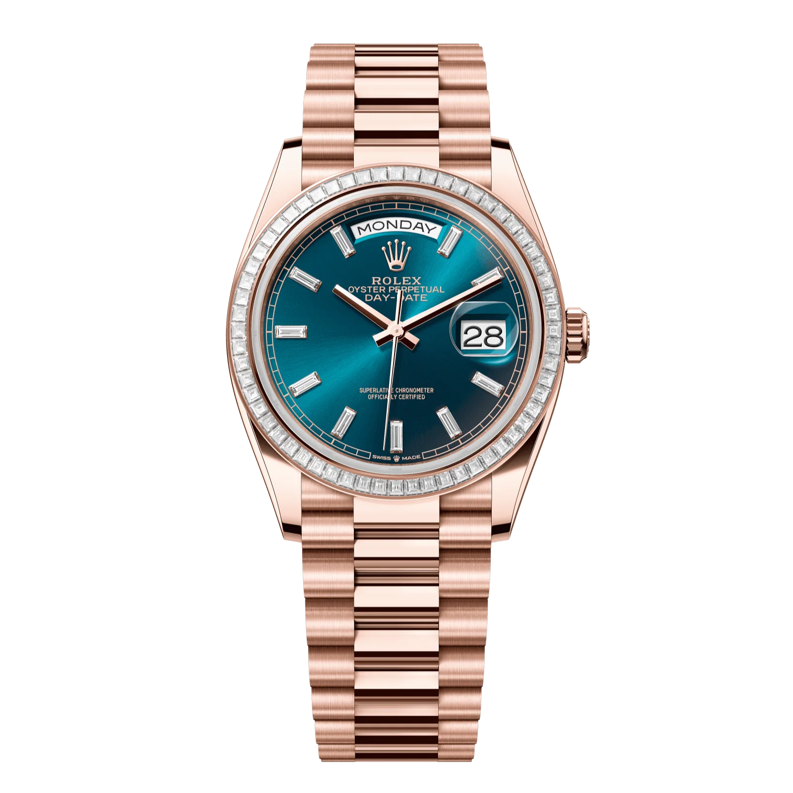 Rolex Day-Date 36 mm Blue-Green Set With Diamonds Dial 18 kt Everose Gold President Bracelet 128395tbr-0032