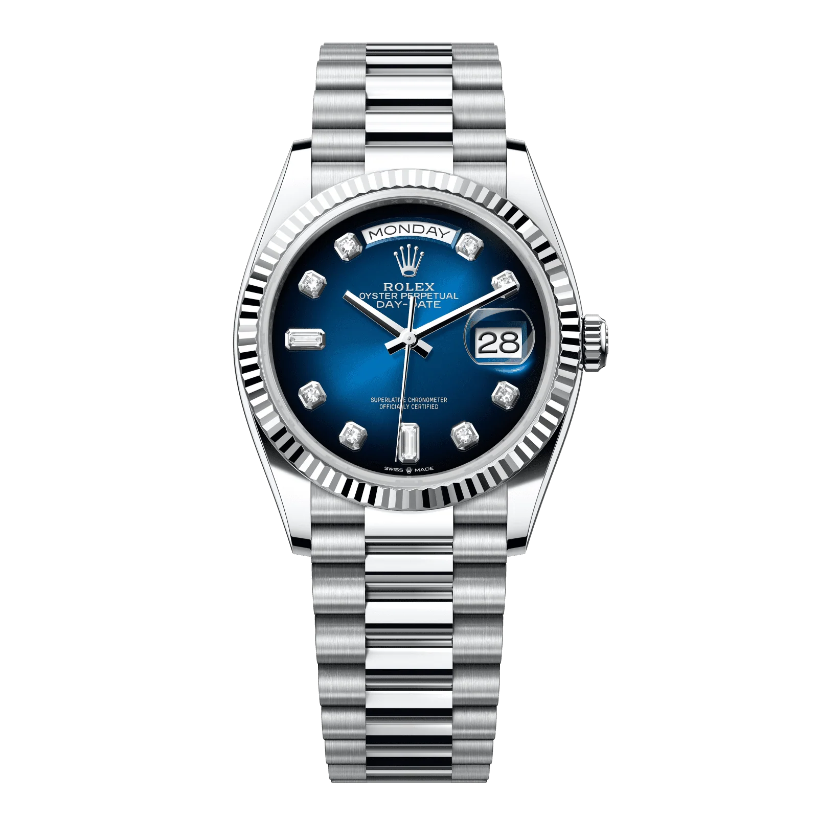 Rolex Day-Date 36 mm Blue Ombré Set With Diamonds Dial Platinum President Bracelet 128236-0005