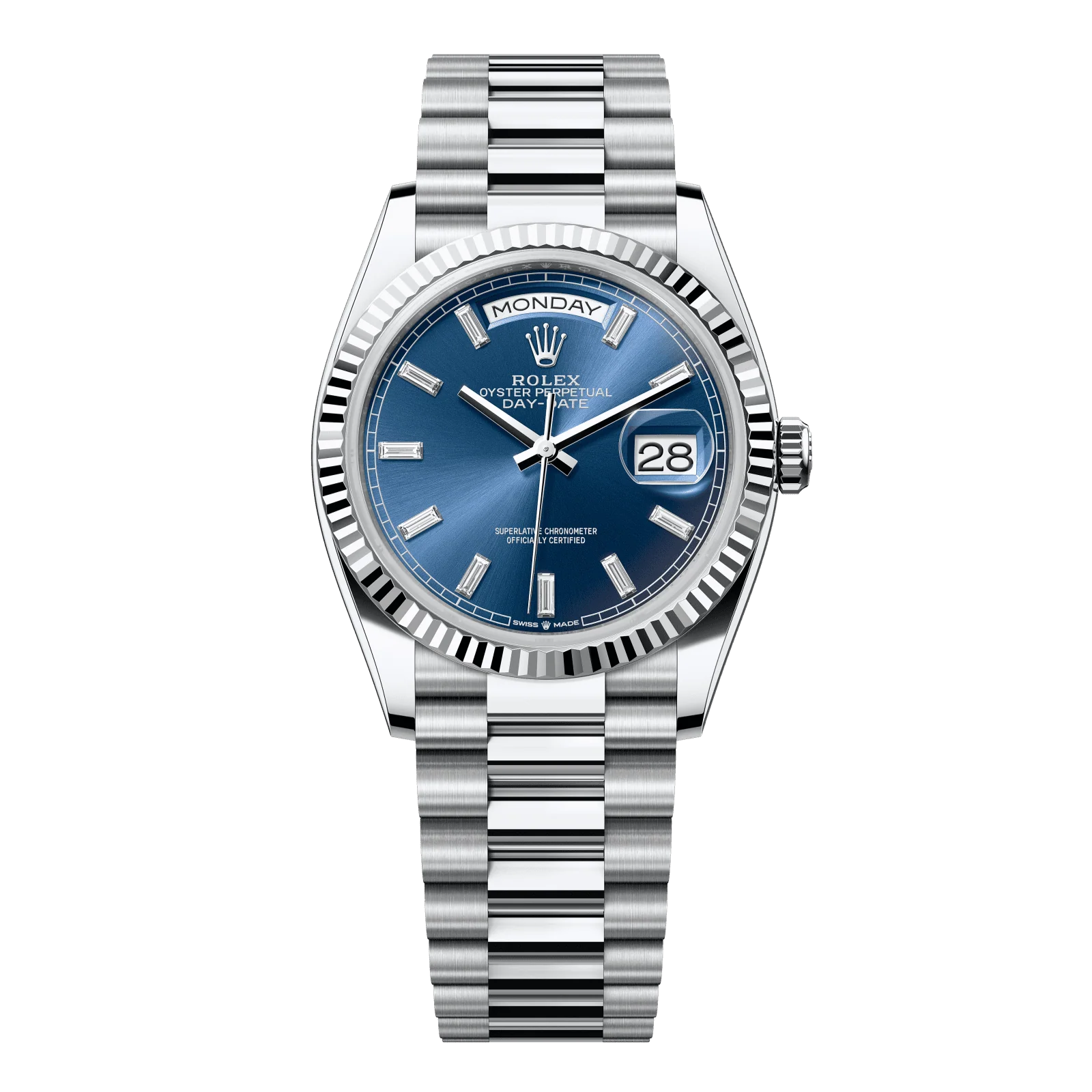 Rolex Day-Date 36 mm Bright Blue Set With Diamonds Dial Platinum President Bracelet 128236-0023