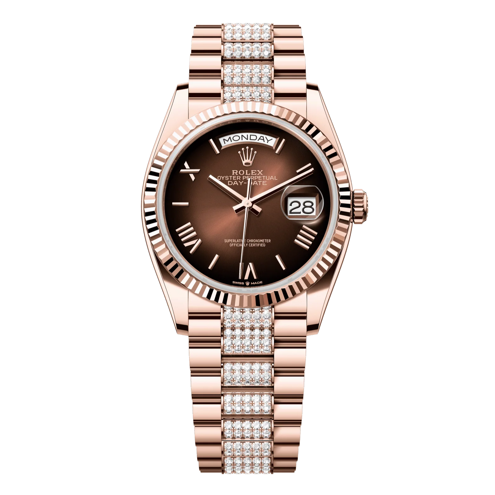 Rolex Day-Date 36 mm Brown Ombré Dial 18 kt Everose Gold President Bracelet with Diamonds 128235-0076