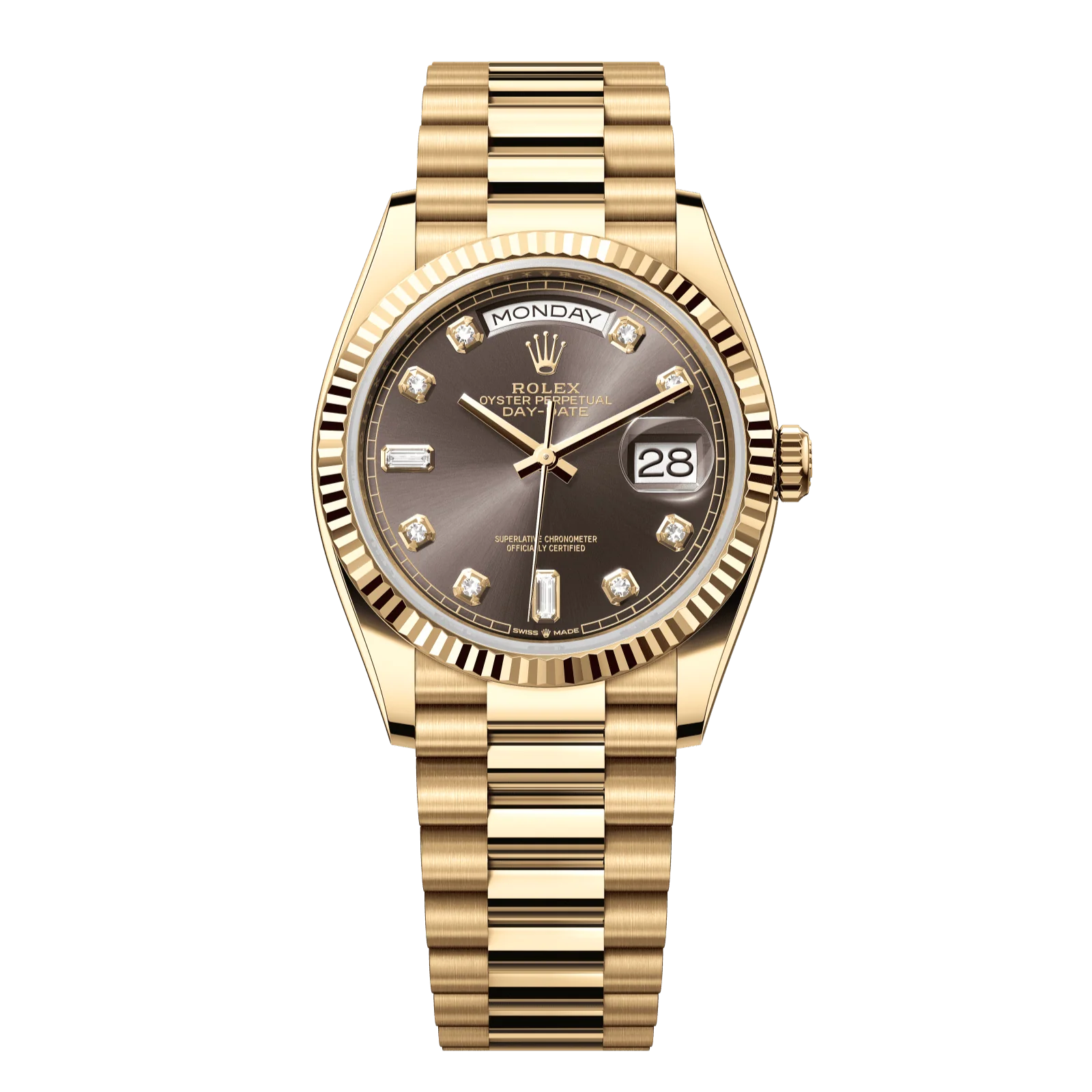 Rolex Day-Date 36 mm Dark Grey Set With Diamonds Dial 18k Yellow Gold President Bracelet 128238-0022